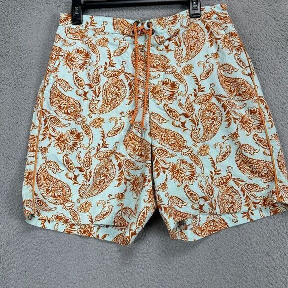 Tommy Bahama Relax Swim Trunks Mens Medium Blue Orange Paisley Geo Board Shorts - Picture 1 of 8